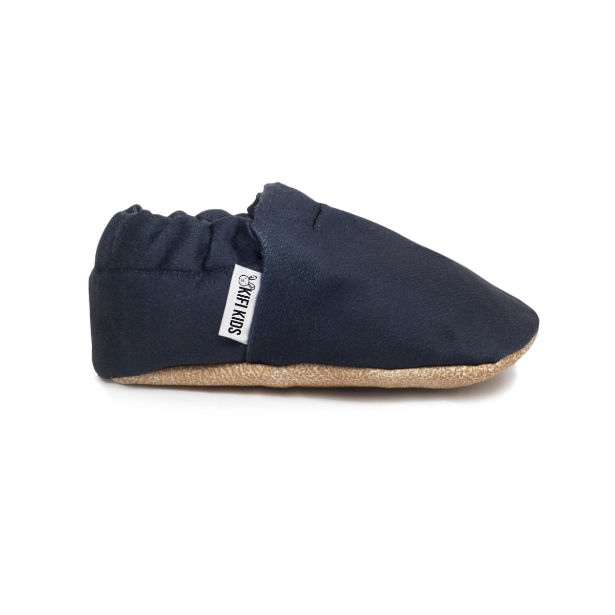 Soft organic cotton baby shoes in anthracite design, perfect for first walkers and little explorers. Left side view.