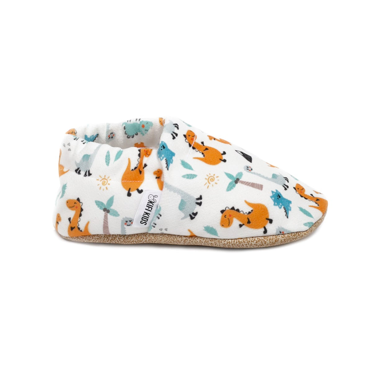 Soft organic cotton baby shoes in dinosaur design, perfect for first walkers and little explorers. Left side view.